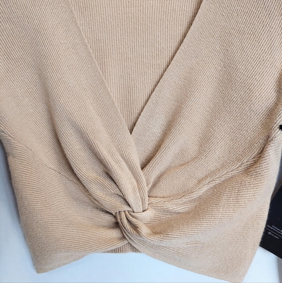 Women's Crop Sweater Taupe Knot Front Cropped V Neck Long Sleeve New - Picture 9 of 13